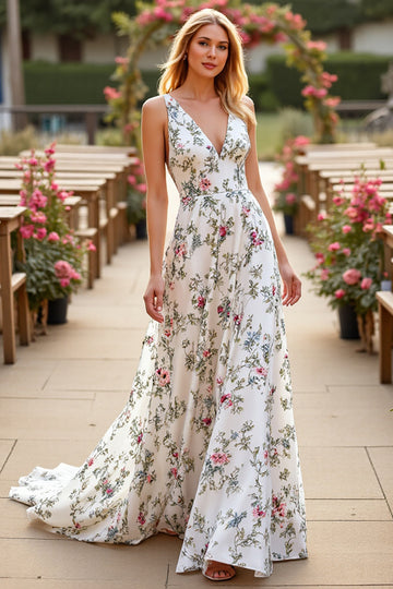 White Floral A Line Long Wedding Dress